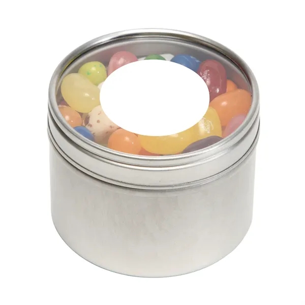 Plain M&Ms® packed inside a small round window tin with customization... from ASI 68507 The Magnet Group / The 1919 Candy Company