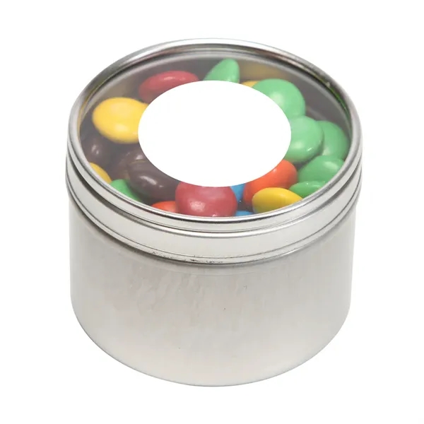 Plain M&Ms® packed inside a small round window tin with customization... from ASI 68507 The Magnet Group / The 1919 Candy Company