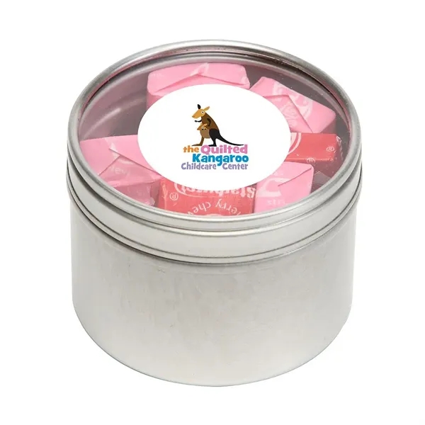 Skittles® packed inside a small round window tin with customization options.... from ASI 68507 The Magnet Group / The 1919 Candy Company