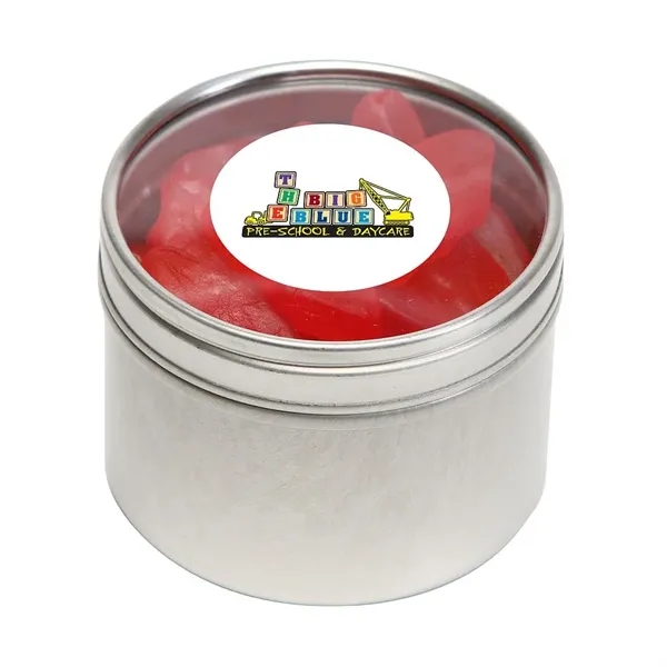 Skittles® packed inside a small round window tin with customization options.... from ASI 68507 The Magnet Group / The 1919 Candy Company