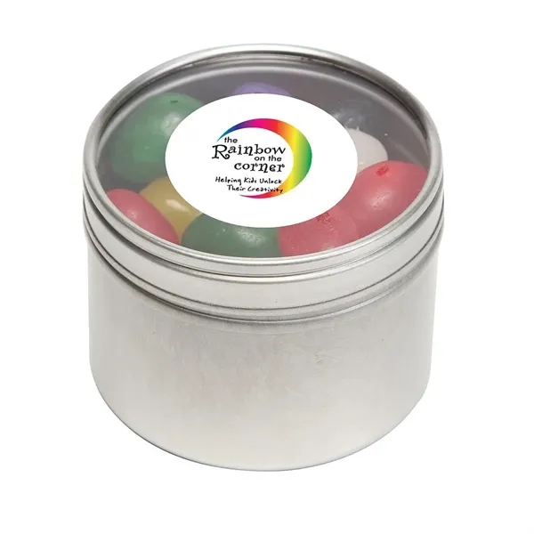 Skittles® packed inside a small round window tin with customization options.... from ASI 68507 The Magnet Group / The 1919 Candy Company
