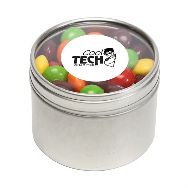Skittles® packed inside a small round window tin with customization options.... from ASI 68507 The Magnet Group / The 1919 Candy Company