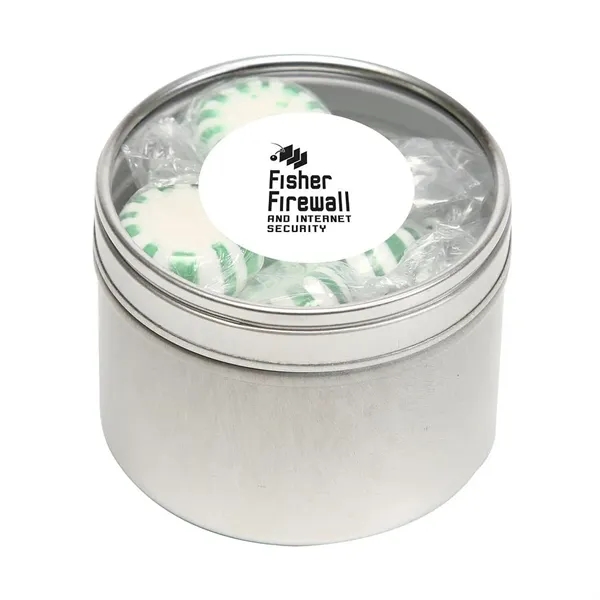 Skittles® packed inside a small round window tin with customization options.... from ASI 68507 The Magnet Group / The 1919 Candy Company