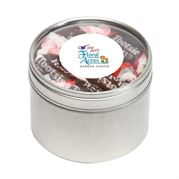 Skittles® packed inside a small round window tin with customization options.... from ASI 68507 The Magnet Group / The 1919 Candy Company