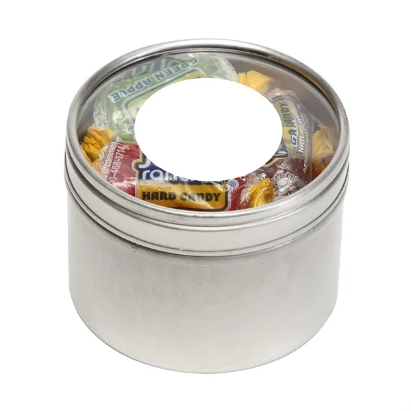 Skittles® packed inside a small round window tin with customization options.... from ASI 68507 The Magnet Group / The 1919 Candy Company