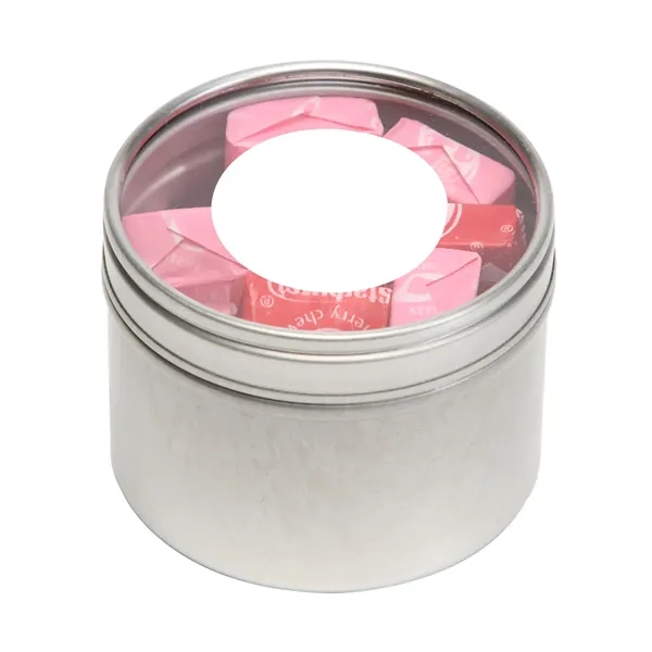 Skittles® packed inside a small round window tin with customization options.... from ASI 68507 The Magnet Group / The 1919 Candy Company