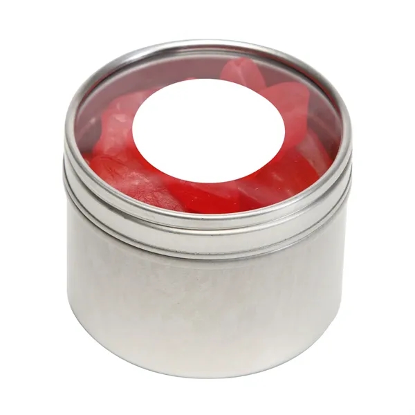 Skittles® packed inside a small round window tin with customization options.... from ASI 68507 The Magnet Group / The 1919 Candy Company