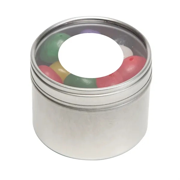 Skittles® packed inside a small round window tin with customization options.... from ASI 68507 The Magnet Group / The 1919 Candy Company