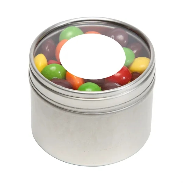 Skittles® packed inside a small round window tin with customization options.... from ASI 68507 The Magnet Group / The 1919 Candy Company