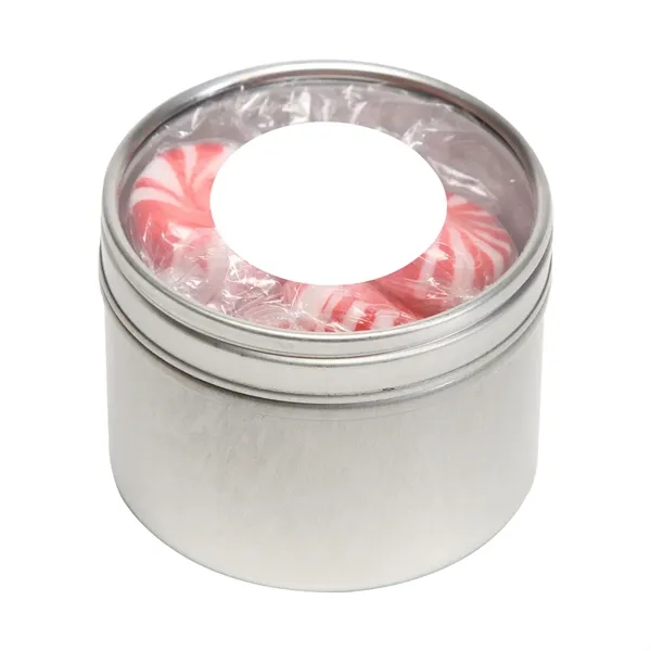 Skittles® packed inside a small round window tin with customization options.... from ASI 68507 The Magnet Group / The 1919 Candy Company