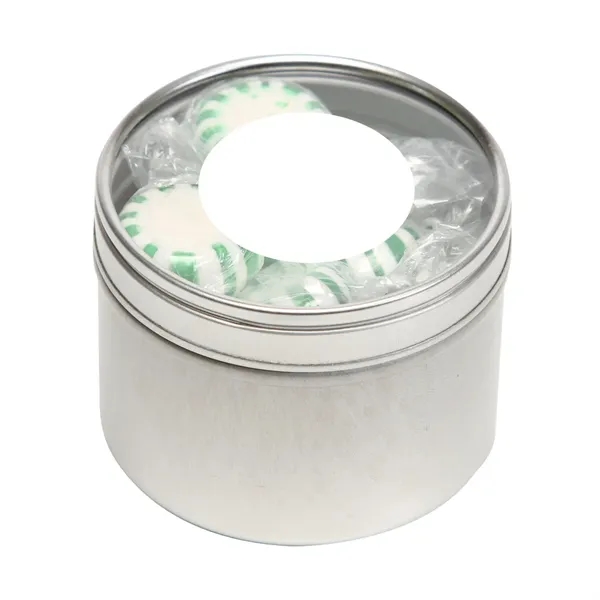 Skittles® packed inside a small round window tin with customization options.... from ASI 68507 The Magnet Group / The 1919 Candy Company