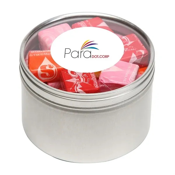 Tootsie Rolls® packed inside a large round window tin with customization.... from ASI 68507 The Magnet Group / The 1919 Candy Company