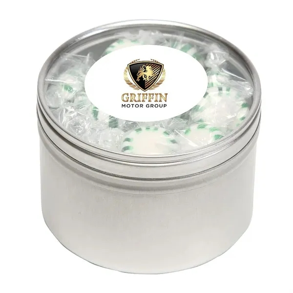 Tootsie Rolls® packed inside a large round window tin with customization.... from ASI 68507 The Magnet Group / The 1919 Candy Company