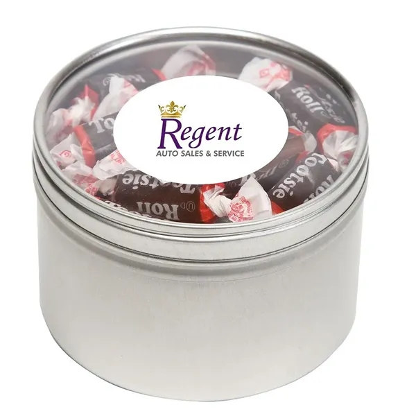 Tootsie Rolls® packed inside a large round window tin with customization.... from ASI 68507 The Magnet Group / The 1919 Candy Company