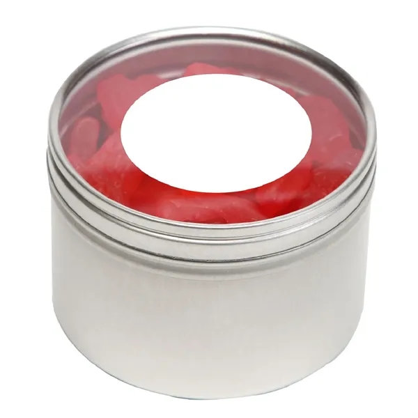 Tootsie Rolls® packed inside a large round window tin with customization.... from ASI 68507 The Magnet Group / The 1919 Candy Company