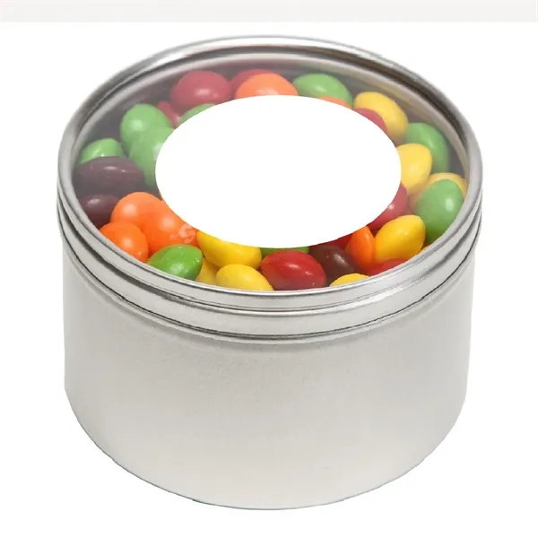 Tootsie Rolls® packed inside a large round window tin with customization.... from ASI 68507 The Magnet Group / The 1919 Candy Company