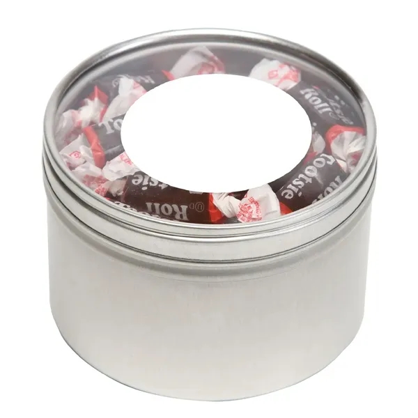 Tootsie Rolls® packed inside a large round window tin with customization.... from ASI 68507 The Magnet Group / The 1919 Candy Company