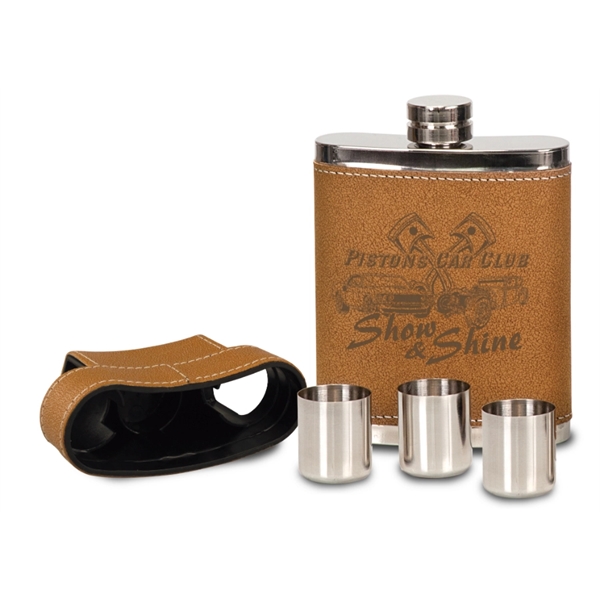 5.75" x 3.825" x 1" leatherette and metal flask set with... from ASI 92531 Unique Custom Products / UCP
