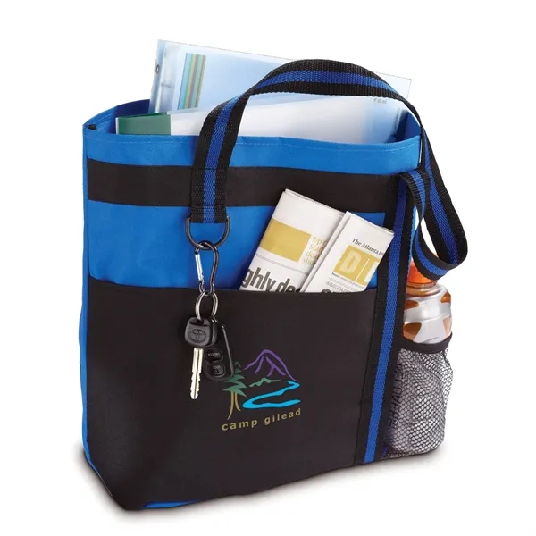 Polyester tote bag with large front pocket, mesh bottle pocket, and... from ASI 68507 The Magnet Group / The Bag Factory®