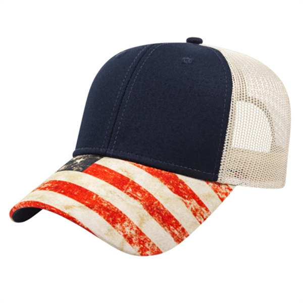 Medium profile chino twill six-panel mesh cap with American flag print... from ASI 43792 Cap America Inc
