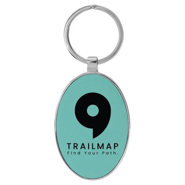3" x 1 3/4" teal PU leatherette/metal oval keychain with metal... from ASI 74601 Calico