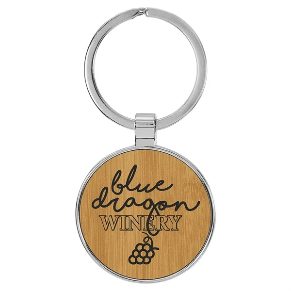 1 1/2" x 1 1/2" bamboo PU leatherette/metal round keychain with... from ASI 74601 Calico