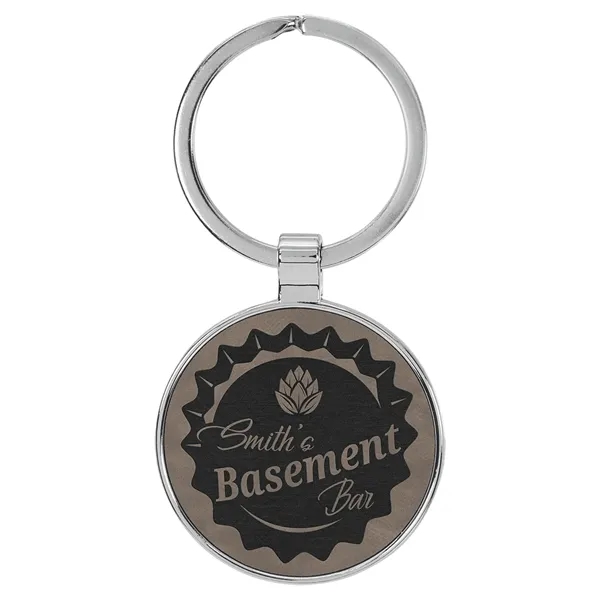 1 1/2" x 1 1/2" gray PU leatherette/metal round keychain with... from ASI 74601 Calico