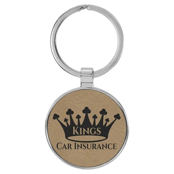 1 1/2" x 1 1/2" light brown PU leatherette/metal round keychain... from ASI 74601 Calico