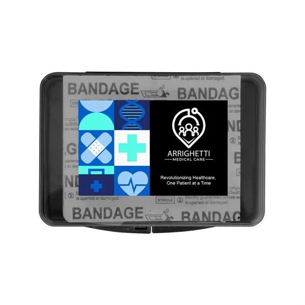 Portable first aid kit with bandages, hand sanitizer, cleansing pad, towelette,... from ASI 61125 Hit Promotional Products / Hit®