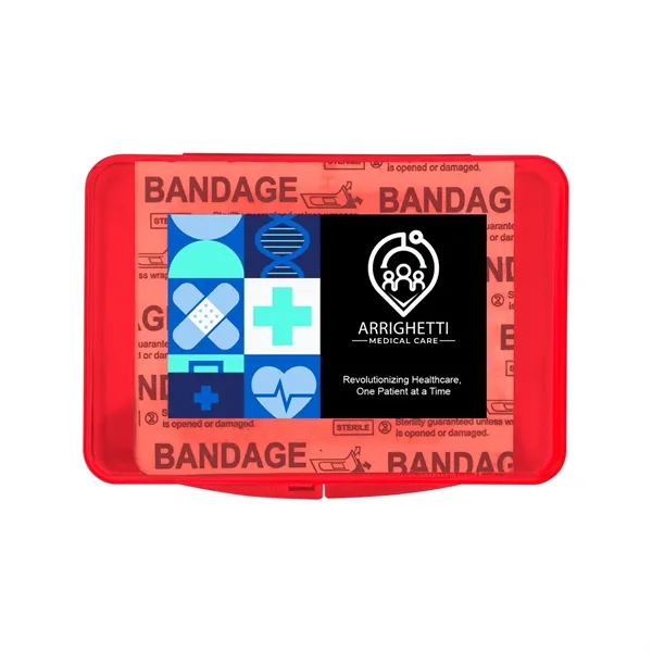 Portable first aid kit with bandages, hand sanitizer, cleansing pad, towelette,... from ASI 61125 Hit Promotional Products / Hit®