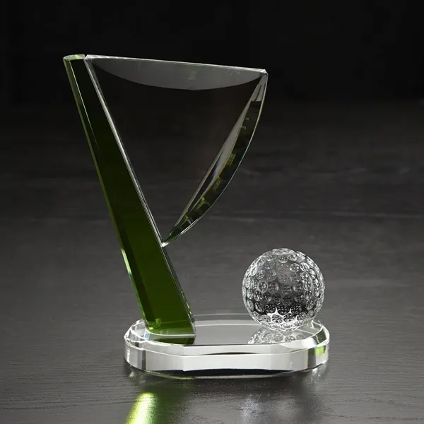 7.5" x 5.5" x 2.75" golf themed award made of glass.... from ASI 68507 The Magnet Group / Benchmark Crystal & Clocks