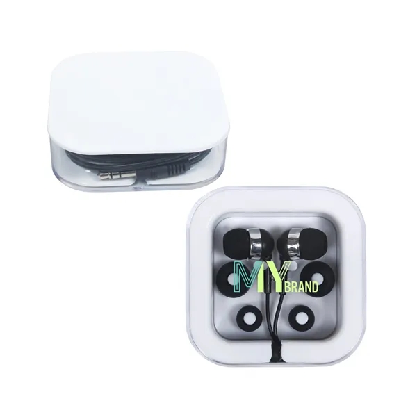 2.75" x 2.75" x 0.75" ABS plastic case with silicone/polyurethane earbuds... from ASI 79530 Prime Line