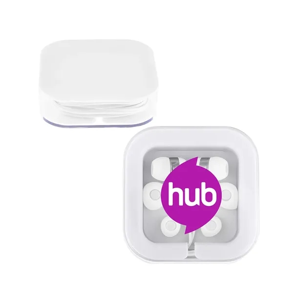 2.75" x 2.75" x 0.75" ABS plastic case with silicone/polyurethane earbuds... from ASI 79530 Prime Line