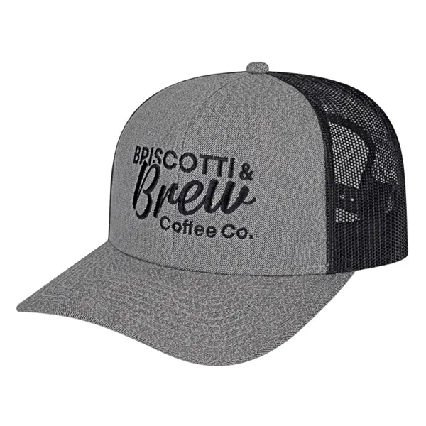 Melange premium trucker style polyester mesh back cap with snapback closure.... from ASI 43792 Cap America Inc