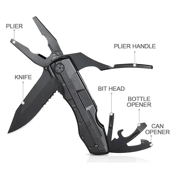 A multitool features a sharp knife, pliers, can opener, bottle opener,... from ASI 39820 Opusline (Benmex)