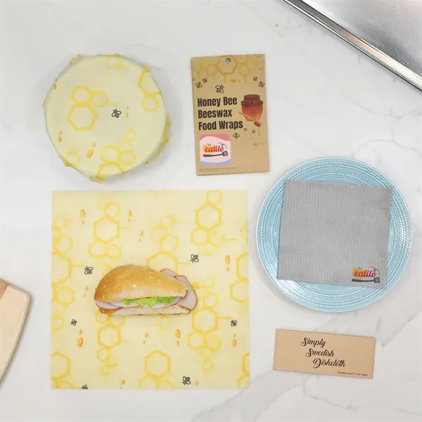 Sustainable bundled set of beeswax food wraps and a Swedish dishcloth... from ASI 61966 HPG / Beacon Promotions