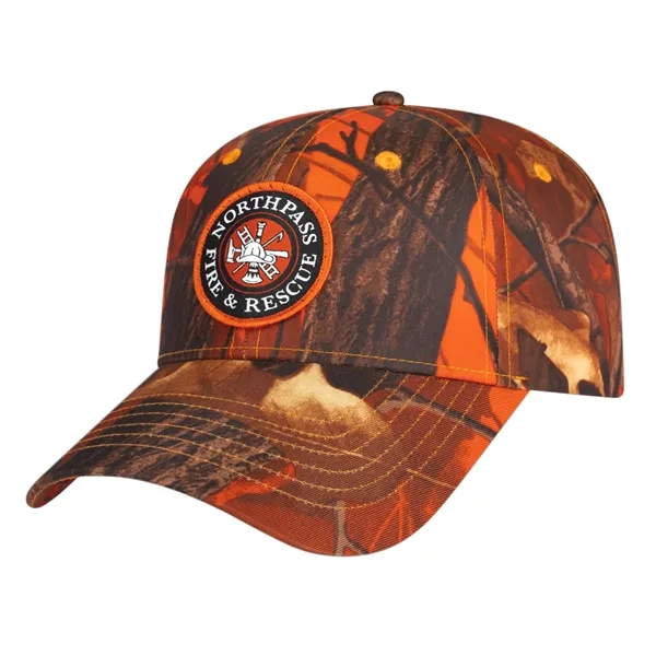 Orange Ridge polyester camouflage six-panel structured cap with hook and loop... from ASI 43792 Cap America Inc