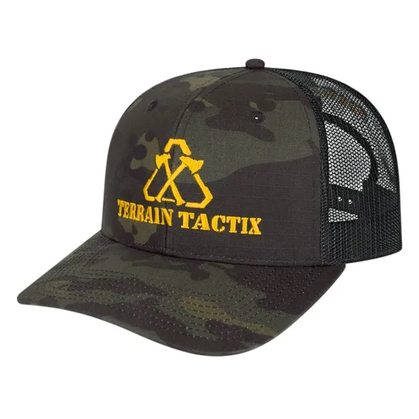 Multicam® cotton-polyester six-panel structured mesh cap with modified flat bill visor... from ASI 43792 Cap America Inc