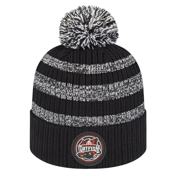 Heavy ribbed acrylic knit cap with striped crown, cuff and pompom... from ASI 43792 Cap America Inc