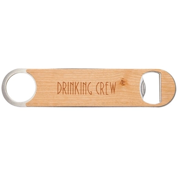 Custom bottle openers with wood veneer and laser engraved imprint.... from ASI 72657 Active Life Promo / Apres Ski Ingrain Promo