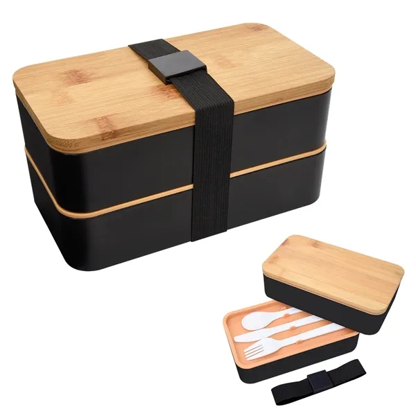 Double-tier stackable bento lunch set with a plastic fork, knife, and... from ASI 61125 Hit Promotional Products / Hit®