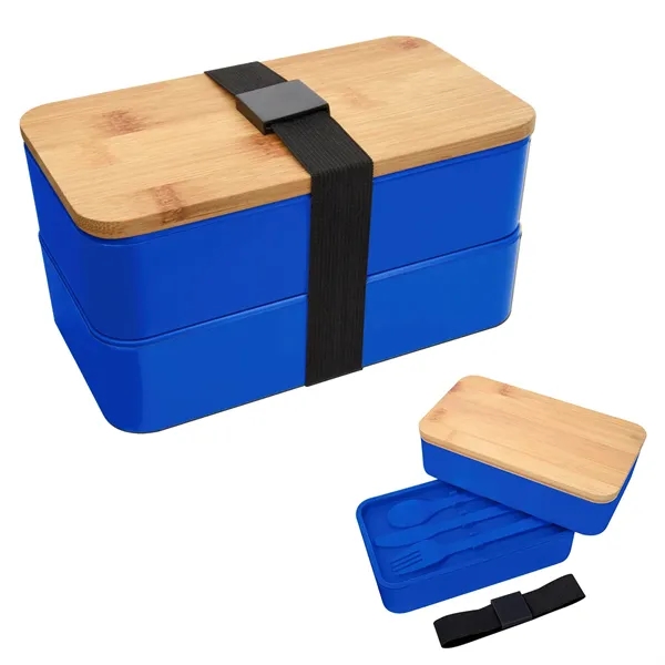 Double-tier stackable bento lunch set with a plastic fork, knife, and... from ASI 61125 Hit Promotional Products / Hit®