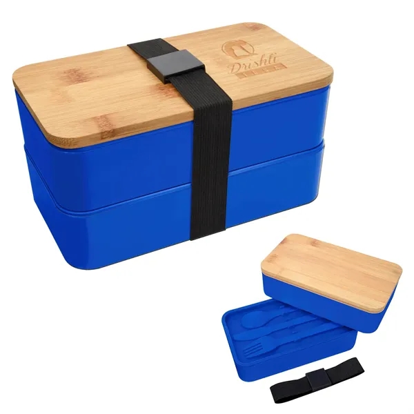 Double-tier stackable bento lunch set with a plastic fork, knife, and... from ASI 61125 Hit Promotional Products / Hit®