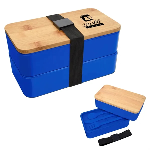 Double-tier stackable bento lunch set with a plastic fork, knife, and... from ASI 61125 Hit Promotional Products / Hit®
