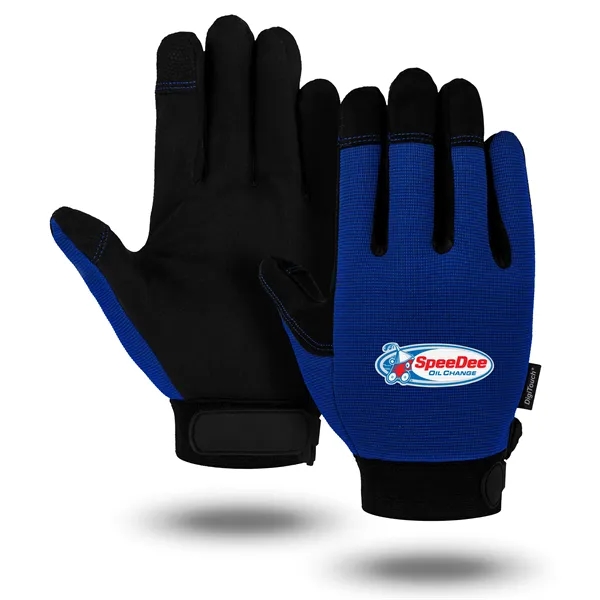 Mechanics gloves, black synthetic suede palm, navy blue spandex back.... from ASI 62192 Illinois Glove Co / Honest Abe®