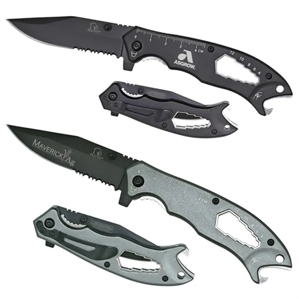 440 stainless steel partially serrated drop point blade with built-in bottle... from ASI 37455 Atteff International Inc