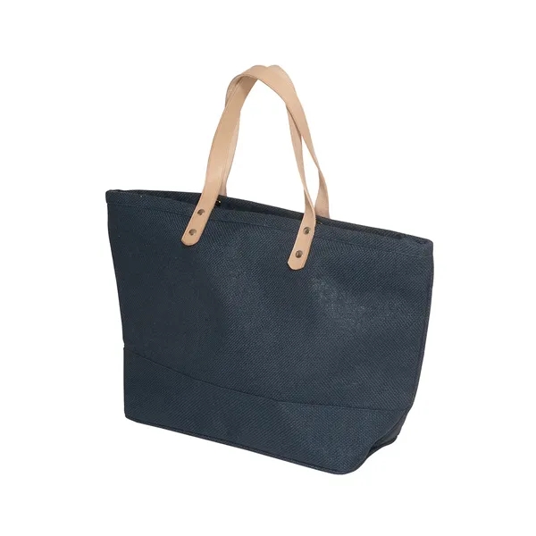 Laminated natural jute fabric tote bag with sturdy grommeted leather handles... from ASI 79530 Prime Line