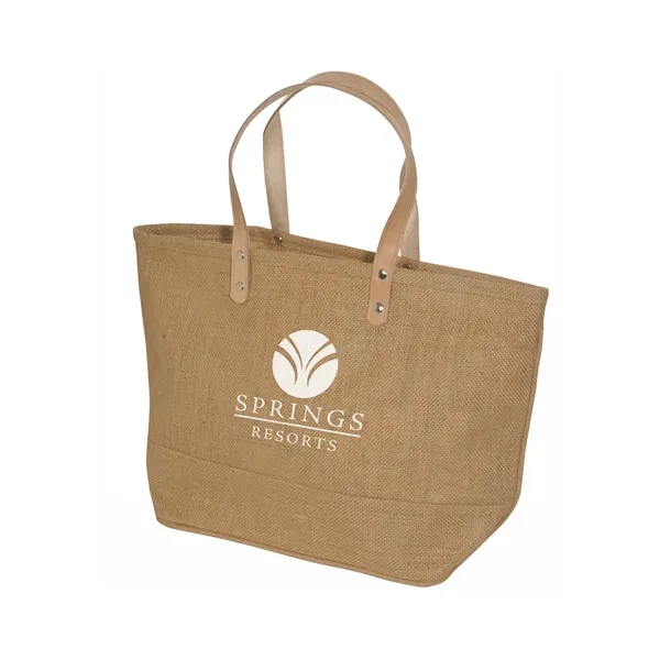 Laminated natural jute fabric tote bag with sturdy grommeted leather handles... from ASI 79530 Prime Line