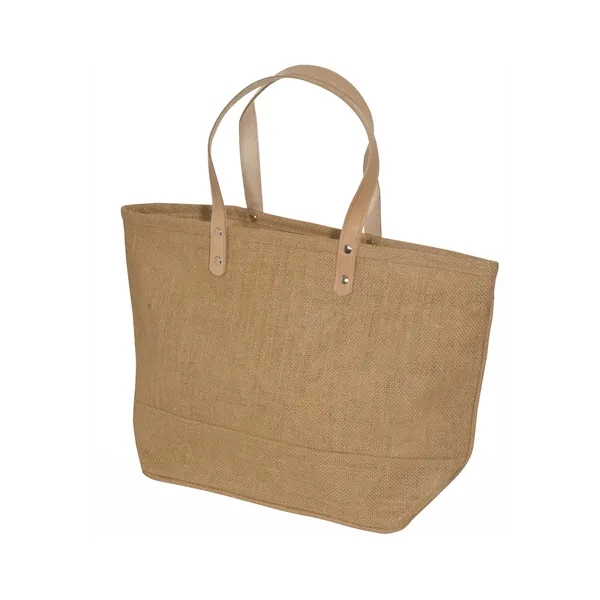 Laminated natural jute fabric tote bag with sturdy grommeted leather handles... from ASI 79530 Prime Line