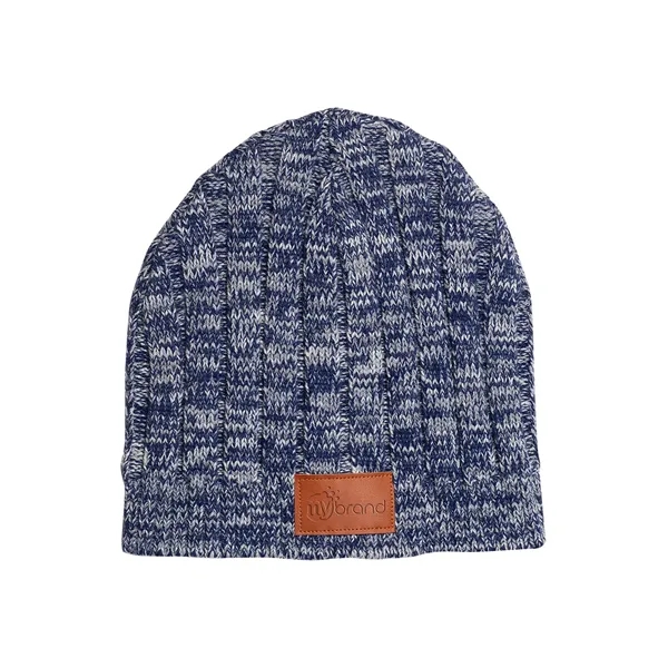 Heathered acrylic blend knit beanie with polyurethane faux leather patch... from ASI 79530 Prime Line